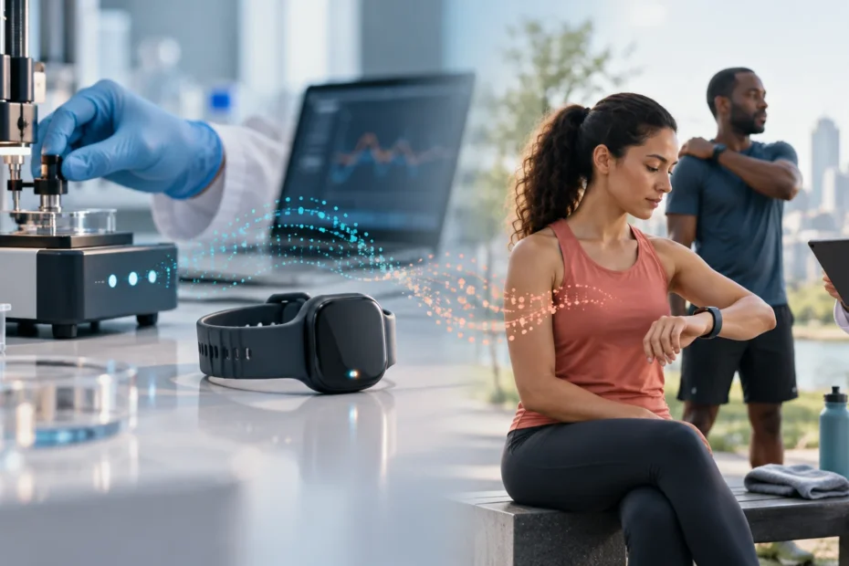 Composite science image showing a gloved hand adjusting a laboratory measurement instrument beside a wearable sensor, while a woman checks a wrist wearable and a researcher holds a tablet outdoors.