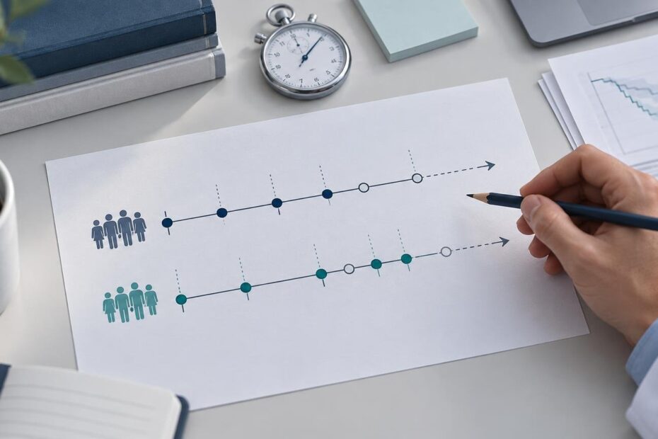 Overhead view of a researcher’s hand holding a pencil above a paper with two color-coded participant timelines, beside a stopwatch, books, coffee, and faint chart papers.