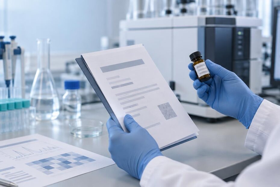 Gloved laboratory worker holds a small amber vial and a printed report beside pipettes, test tubes, and analytical instruments.