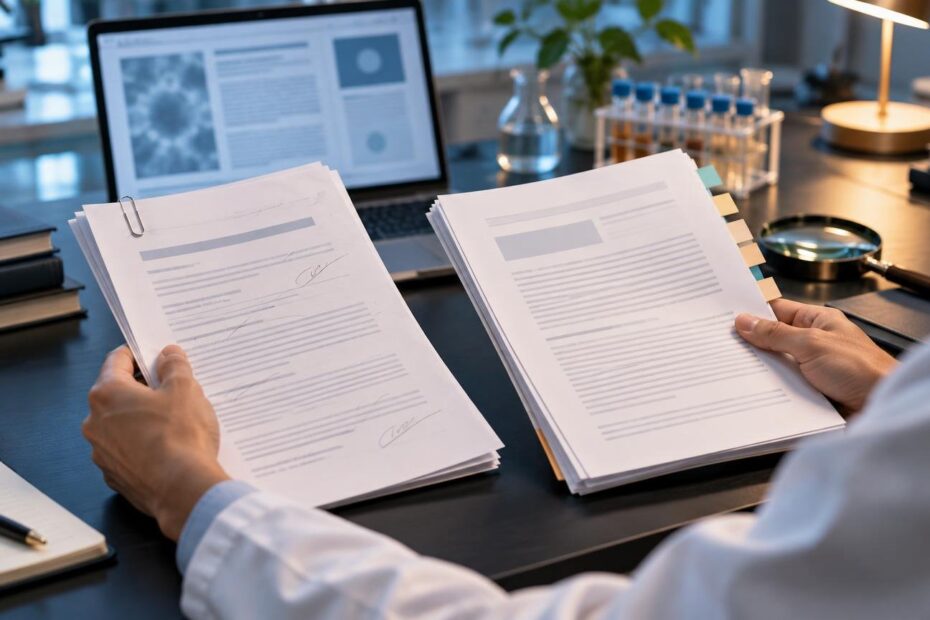 Person at a laboratory desk compares two stacks of marked papers beside a laptop, test tubes, microscope, magnifying glass, and notebook.