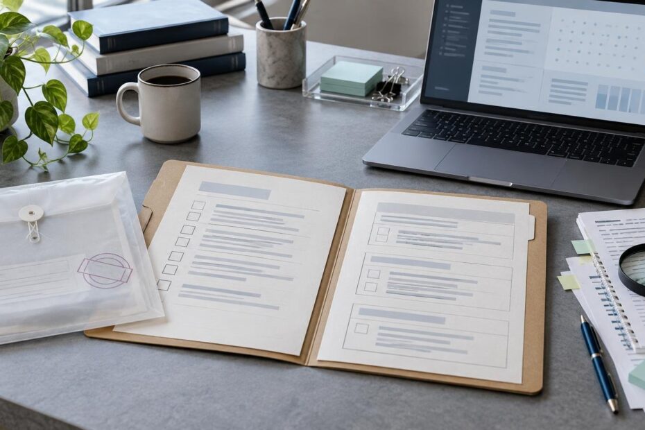 Desk workspace with a laptop showing abstract data graphics, a checklist-style folder of papers, a magnifying glass over documents, pens, sticky notes, books, coffee, and a potted plant.