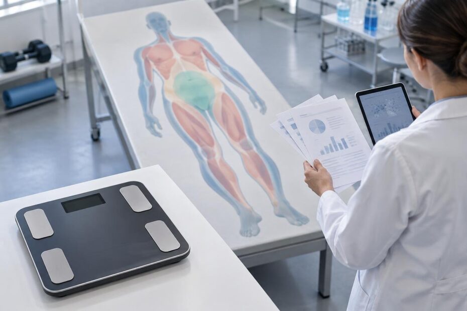 Researcher in a white lab coat reviews papers and a tablet beside a body-composition scale and a projected anatomical figure in a clinical research setting.