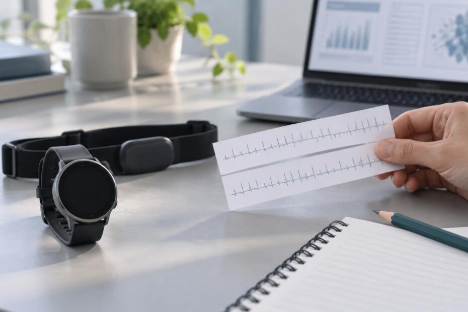 A black smartwatch and fitness band on a desk beside a hand holding two paper strips with heartbeat-like line traces; a laptop with blurred charts is in the background.