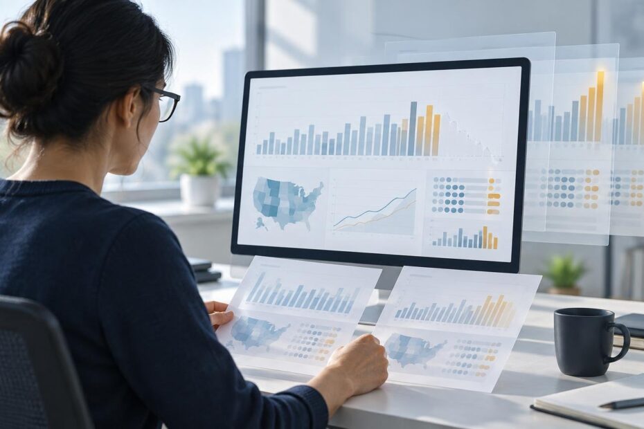 Person at a desk reviewing printed reports and a computer screen with bar charts, line graphs, dot patterns, and a U.S. map visualization.