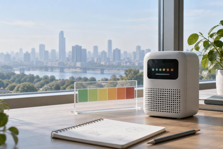 White tabletop air-quality monitor with colored indicator lights beside a green-to-red color scale, overlooking a hazy city skyline through a large window.