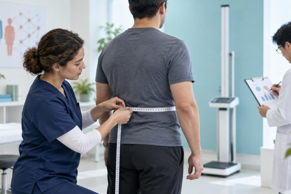 Clinician measuring an adult patient’s waist with a tape measure in a bright clinic while another clinician reviews a clipboard beside a height-and-weight scale.