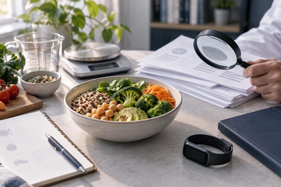 A researcher uses a magnifying glass over papers beside a bowl of vegetables, legumes, and grains, a kitchen scale, food items, a diet notebook, and a wrist wearable on a table.