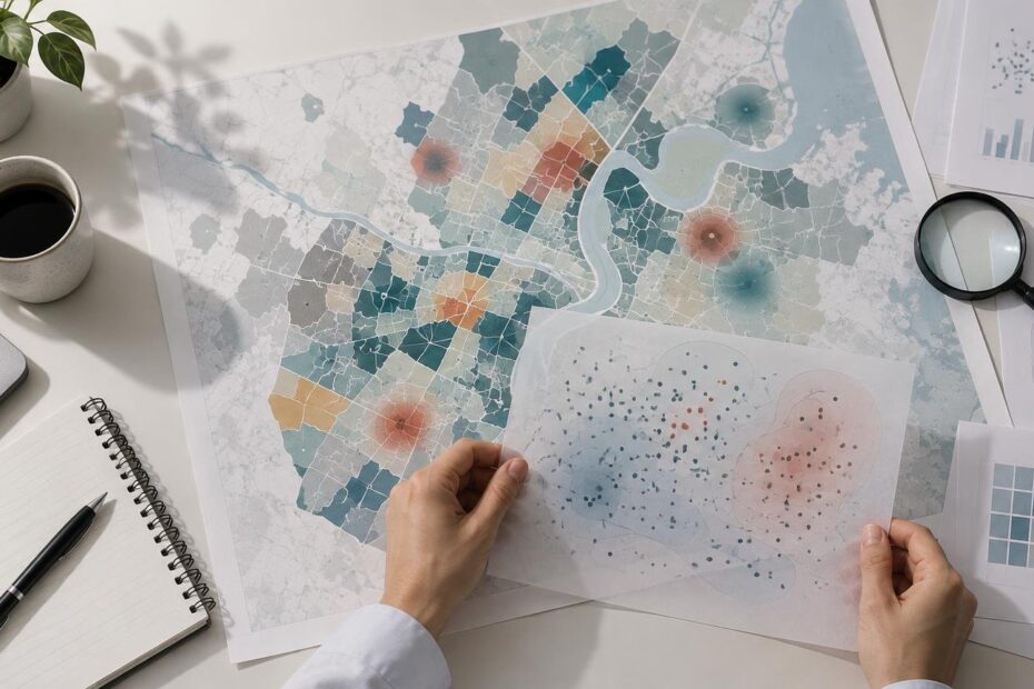Overhead view of hands comparing a dot-density sheet with a large color-shaded regional map, alongside a magnifying glass, bar-chart pages, notebook, pen, coffee cup, and laptop edge.